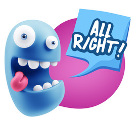 3d Rendering Smile Character Emoticon Expression saying All Righ
