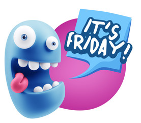 3d Rendering Smile Character Emoticon Expression saying It's Fri