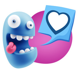 3d Rendering Smile Character Emoticon Expressing Love with a Hea
