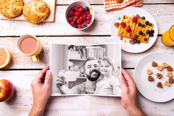 Fathers day composition. Black-and-white photo, breakfast meal