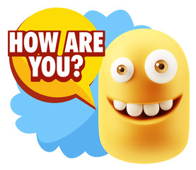 3d Rendering Smile Character Emoticon Expression saying How Are