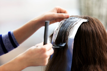 Fototapeta premium Professional hairdresser coloring hair