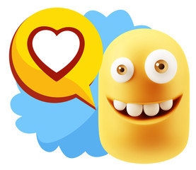 3d Rendering Smile Character Emoticon Expressing Love with a Hea