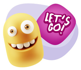 3d Rendering Smile Character Emoticon Expression saying Let'S Go