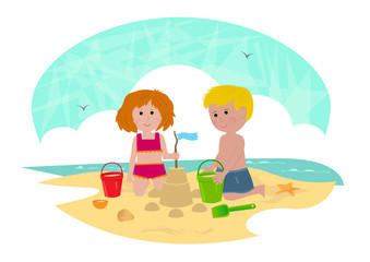 Building a Sandcastle - Clip art of a boy and a girl building a sandcastle. Eps10