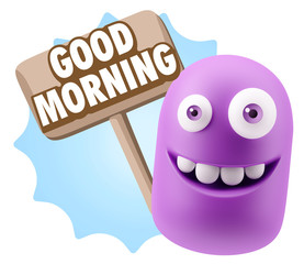 3d Rendering Smile Character Emoticon Expression saying Good Mor