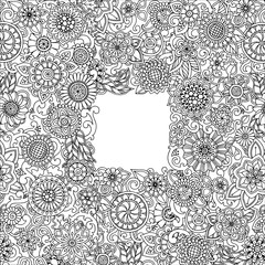 Black and white hand drawn pattern with flowers. Doodle backgrou