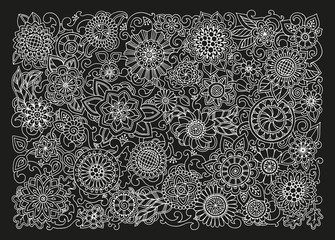 Hand drawn pattern with flowers. Black and white. For web, print
