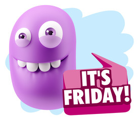 3d Rendering Smile Character Emoticon Expression saying It's Fri