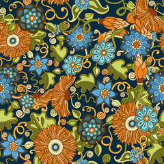 Seamless pattern with flowers. Ornate zentangle texture, endless pattern with abstract flowers. Seamless pattern can be used for wallpaper, pattern fills, web page background, surface textures.