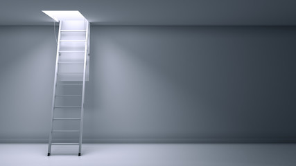 Wooden ladder to the attic with light. 3d rendering