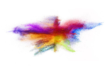Explosion of colored powder on white background