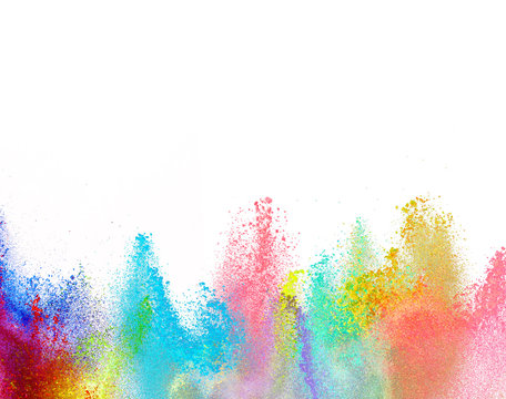 Explosion of colored powder on white background