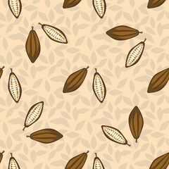 Cacao beans seamless pattern. Chocolate background. Organic raw cacao beans beige pattern.