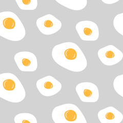 Egg seamless grey vector pattern. Scrambled eggs food background.