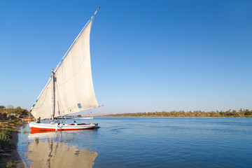 Felucca, traditional wooden sailboat on shore of Nile, Egypt.