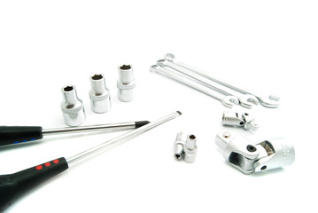 screwdrivers, various wrenches and heads