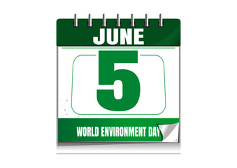 World Environment Day.  Wall calendar. 5 June. Environment Day date in the calendar. Green calendar isolated on white background. Vector illustration