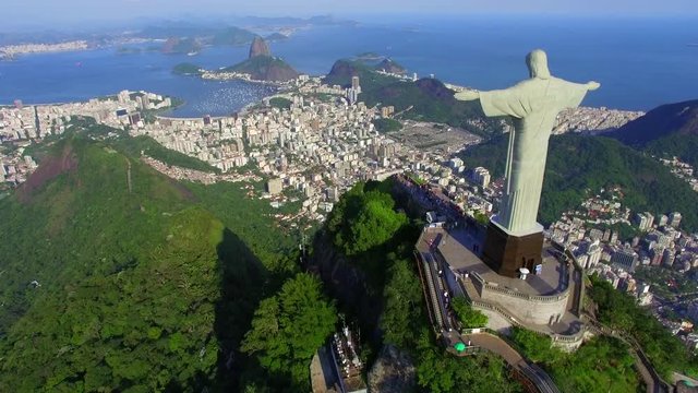Aerial view of Christ the Redeemer statue and Sugar Loaf mountain in Rio de Janeiro, Brazil. 