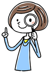 イラスト素材：若い女性　虫眼鏡
