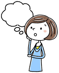 イラスト素材：若い女性　考える　空白
