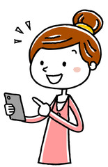 イラスト素材：若い女性　スマートフォン　操作　理解　
