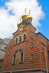 Fototapeta na wymiar Facade of the Alexander Nevsky Church in Danish capital. The only Russian Orthodox church in Copenhagen, Denmark.