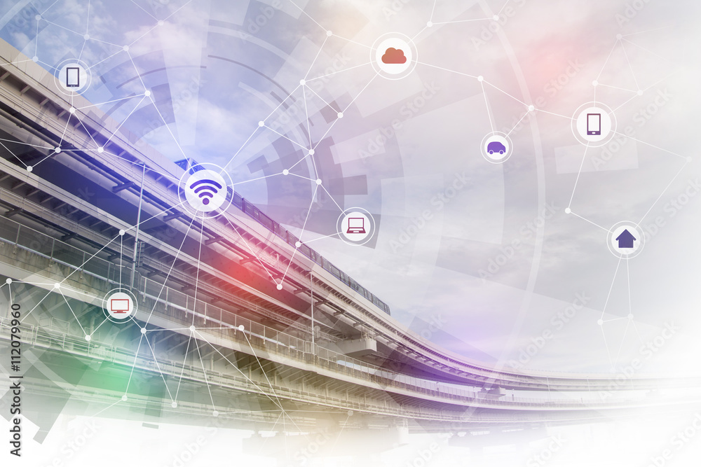 Poster elevated railroad and train, wireless communication network, abstract image visual
