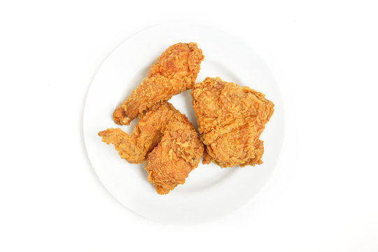 Top View of A white Plate of Crispy Fried Chicken Isolated on A