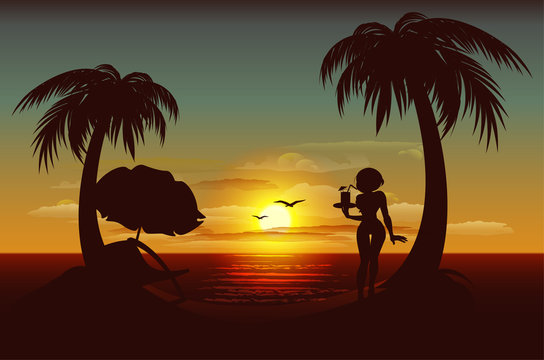 Evening sunset on tropical island. Sea, palm trees, silhouette of girl with drink