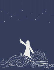 Fototapeta na wymiar Abstract Jesus Calms the Storm in the boat with his disciples illustration art design. faith of Christianity.