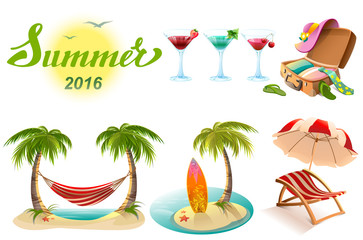 Summer 2016 lettering text. Set of objects symbol of summer vacation