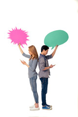 Couple with speech bubbles and gadgets