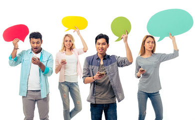 Students with speech bubbles and gadgets