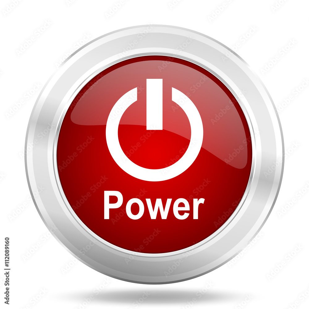 Aufkleber power icon. red round glossy metallic button. web and mobile app design illustration