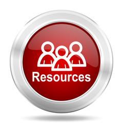 Resources icon. Red round glossy metallic button. Web and mobile app design illustration