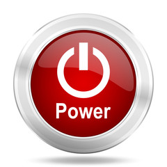 Power icon. Red round glossy metallic button. Web and mobile app design illustration