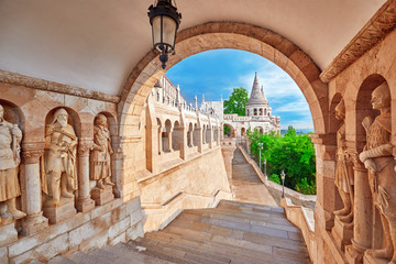 View on the Old Fisherman Bastion in Budapest. Arch Gallery. - obrazy, fototapety, plakaty