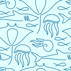 Seamless pattern made of sea fauna drawn with one line