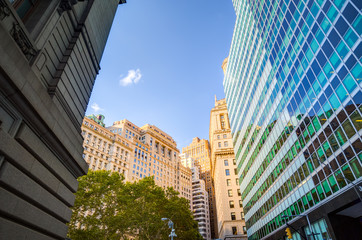 Up view in financial district, Manhattan, New York