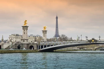 Papier Peint photo Pont Alexandre III Alexander bridge in Paris, Eiffel Tower