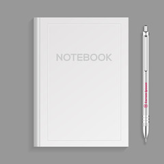 Mockup of blank white book cover and pen. Realistic Textbook, booklet, notepad or notebook for your design and branding