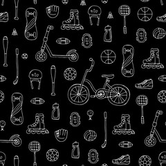 Vector seamless pattern with hand drawn sport equipment on black color.  Pattern on the theme of sport, healthy lifestyle