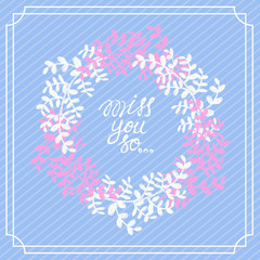 Blue greeting card with floral circle frame