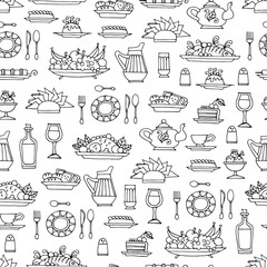 Vector seamless pattern with hand drawn symbols of breakfast, lunch or dinner on white color.  Pattern on the theme of  food