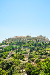 Fototapeta na wymiar Aerial View of famous Greek temple against clear blue sky, Acropolis of Athens in Greece