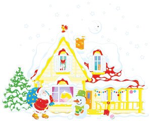 Obraz na płótnie Canvas Santa Claus brought gifts to a little sleeping girl on a snowy Christmas eve night