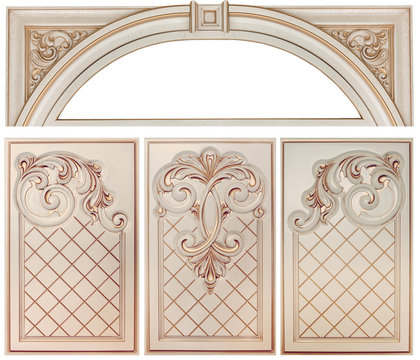 element woodcarving. furniture in classic style. white tree with gold trim. patina. carving. small depth of field. luxury furniture. isolated on the white background
