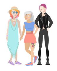 Three girls with original hairstyles of unique colors