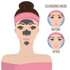 Cleans pores strip. Beautiful young women with cleansing mask. Before and after procedure. Facial Treatments. Infographics facials. Vector illustration. 